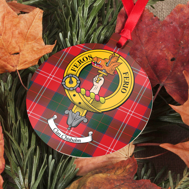 Chisholm Clan Crest and Tartan Metal Christmas Ornament - 6 Styles Available