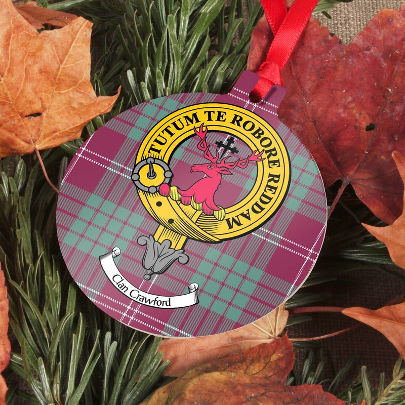 Crawford Clan Crest and Tartan Metal Christmas Ornament - 6 Styles Available