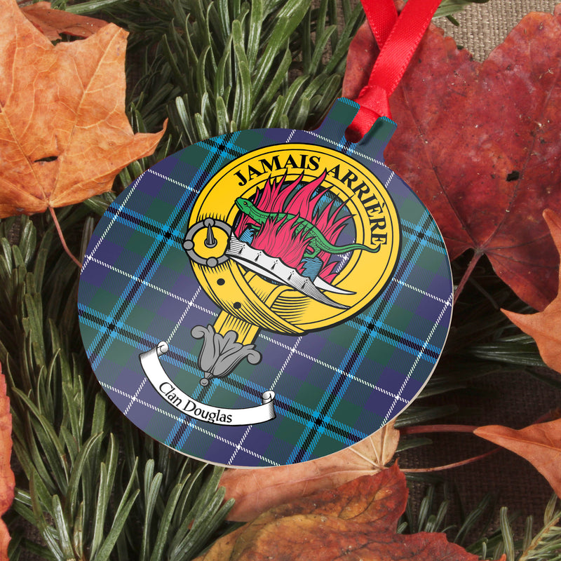 Douglas Clan Crest and Tartan Metal Christmas Ornament - 6 Styles Available