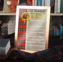 Drummond Clan History Print showcasing clan crest and tartan on high-quality parchment-style paper, available framed or unframed