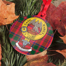 Drummond Clan Crest and Tartan Metal Christmas Ornament in elegant design showcasing Scottish heritage, available in 6 styles for festive holiday decor.
