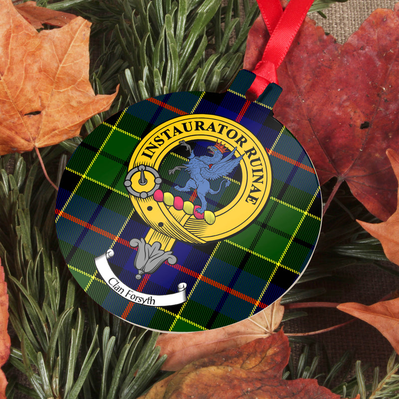 Forsyth Clan Crest and Tartan Metal Christmas Ornament - 6 Styles Available