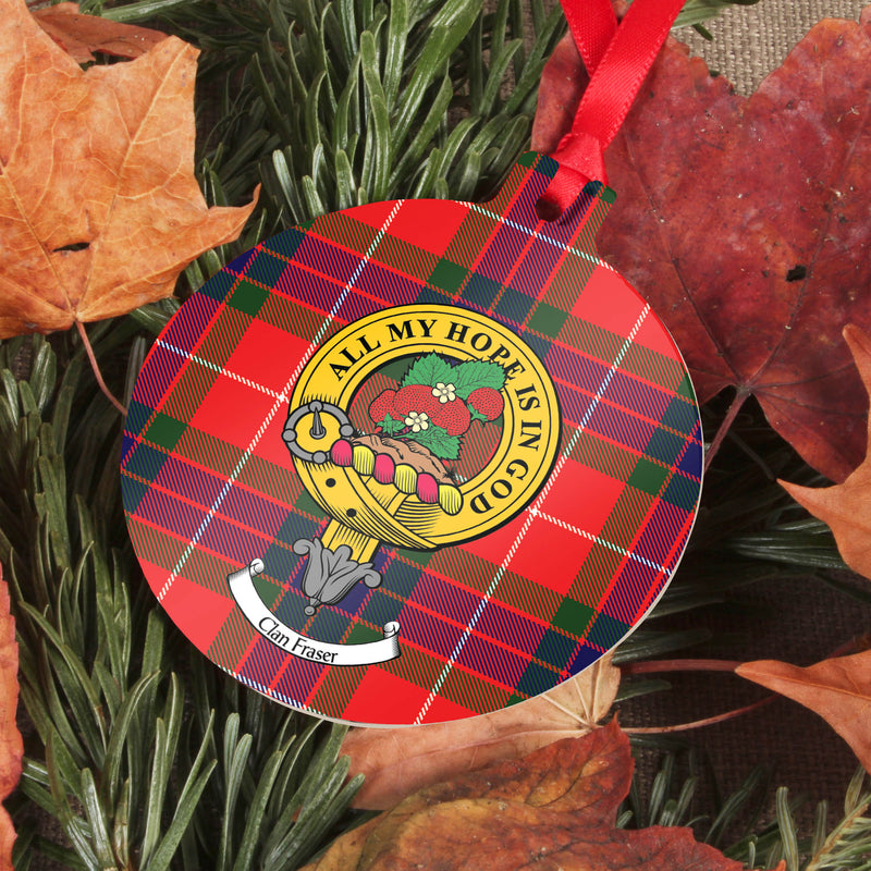 Fraser Clan Crest and Tartan Metal Christmas Ornament - 6 Styles Available