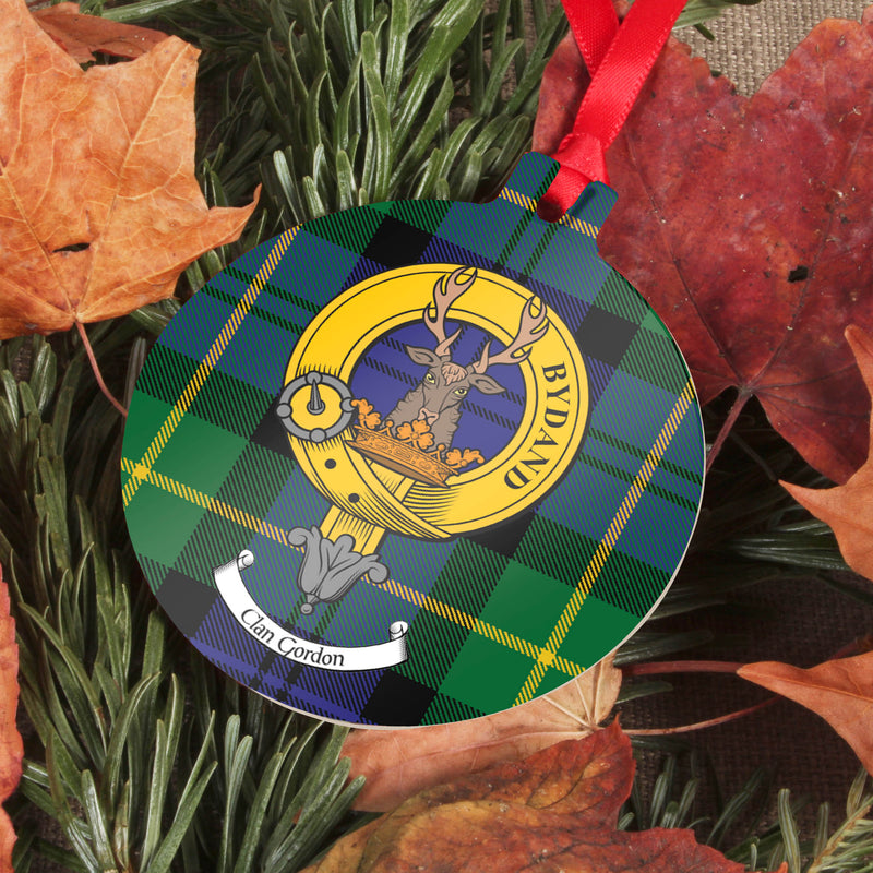 Gordon Clan Crest and Tartan Metal Christmas Ornament - 6 Styles Available