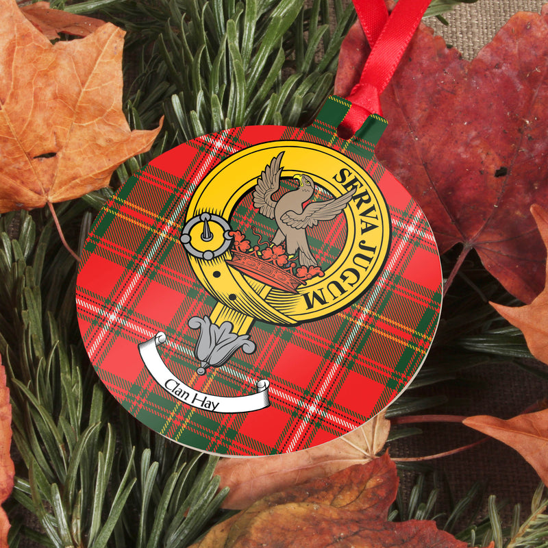 Hay Clan Crest and Tartan Metal Christmas Ornament - 6 Styles Available