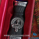 Henderson Clan Crest Sgian Dubh with stone top, handmade in Scotland, featuring a traditional thistle design and presented in an attractive box.