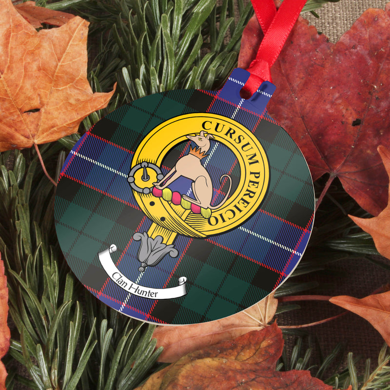 Hunter Clan Crest and Tartan Metal Christmas Ornament - 6 Styles Available