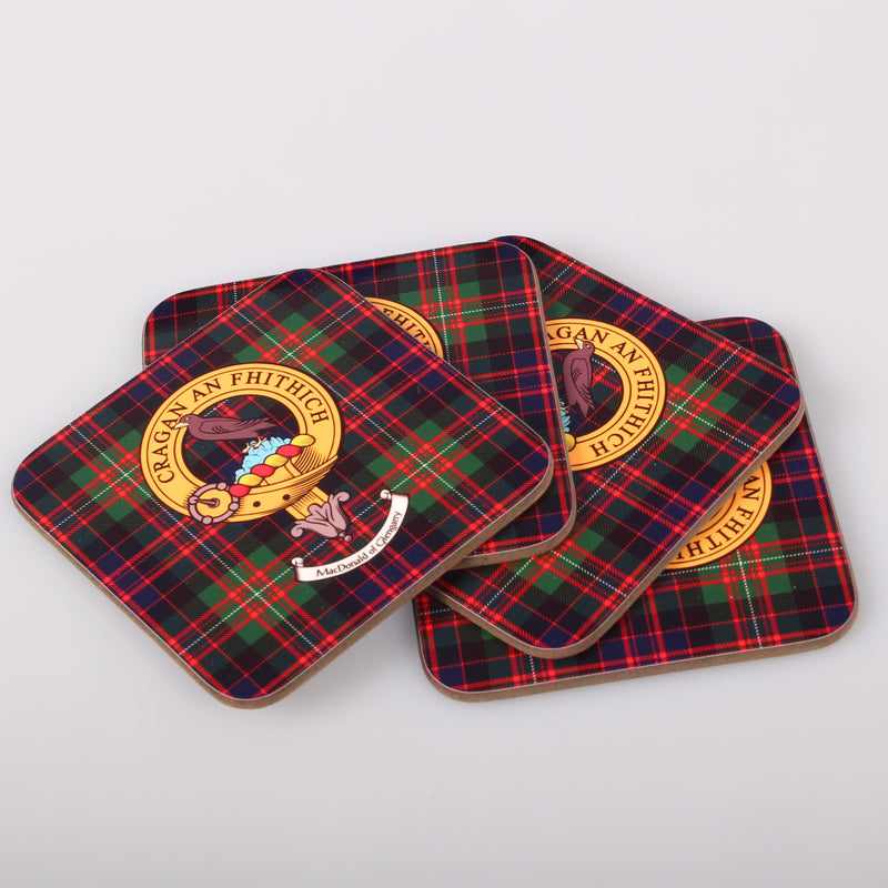 MacDonnell of Glengarry Clan Crest and Tartan Wooden Coaster 4 Pack