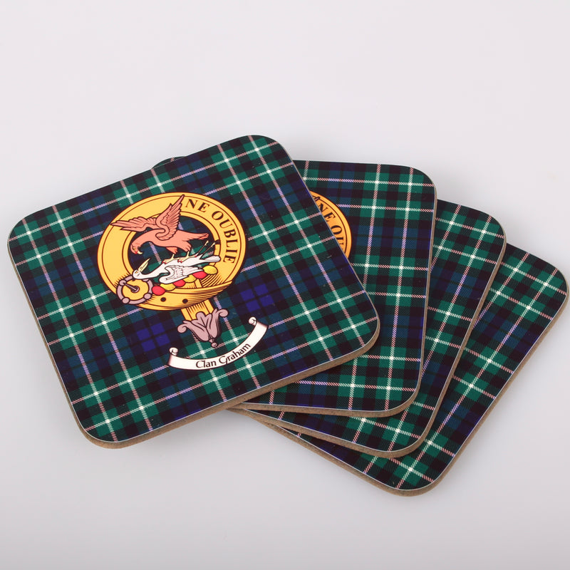 Graham Clan Crest and Tartan Wooden Coaster 4 Pack
