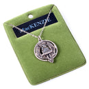 Mackenzie Clan Crest Pendant showcasing Scottish heritage, made from pewter with a palladium finish, featuring an adjustable chain for versatile wear.