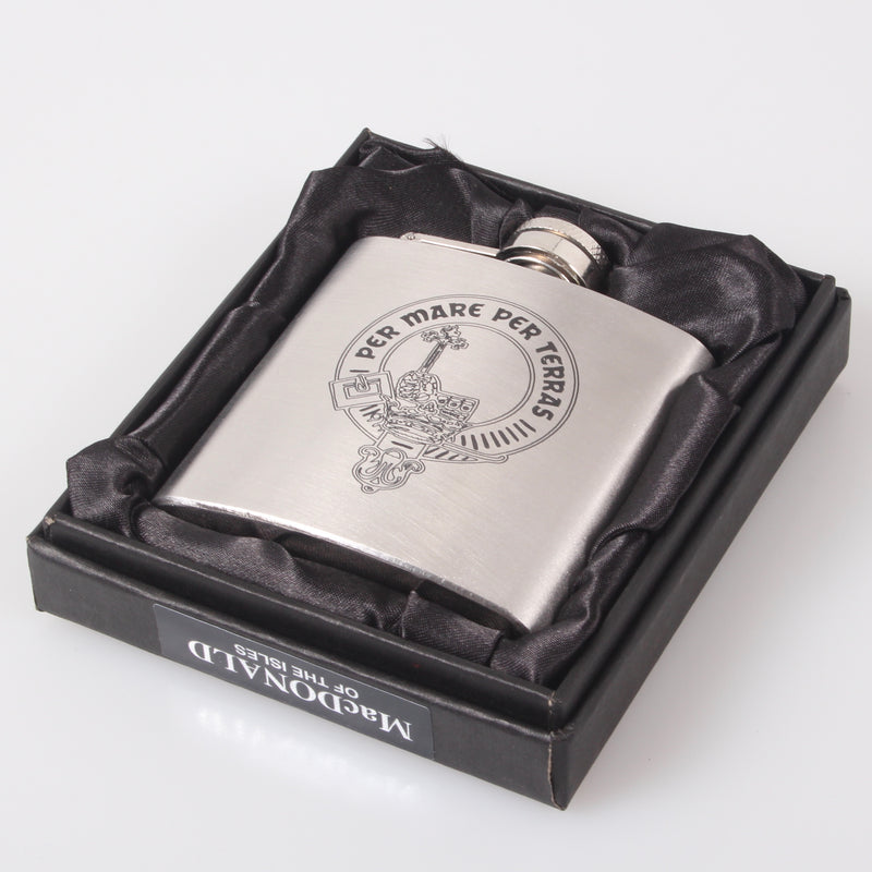 MacDonald of the Isles 6oz Engraved Clan Crest Hip Flask