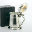 Pewter Tankard With Gold Trim and Wallace Clan Crest, showcasing the elegant gold-plated thistle design insert.