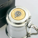 Close-up of the Pewter Tankard With Gold Trim and Wallace Clan Crest, highlighting the intricate details and craftsmanship.