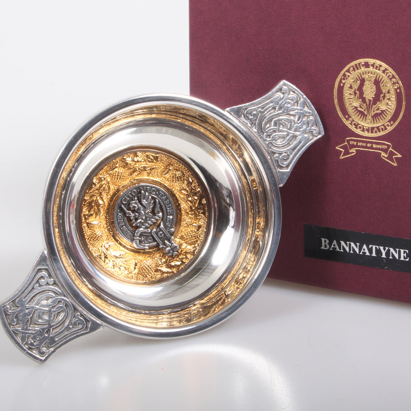 Bannatyne Clan Crest Quaich with Gold Trim
