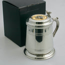 Pewter Tankard With Gold Trim and MacKay Clan Crest showcasing the gold plated thistle design insert on the lid.