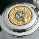 Close-up of the MacKay Clan Crest on the pewter tankard with gold trim, highlighting the intricate details.