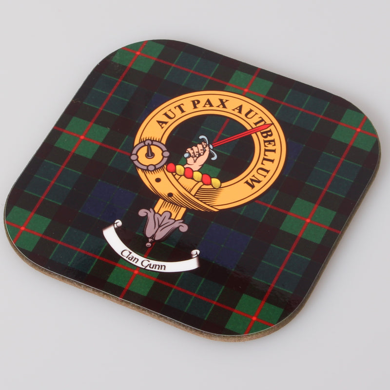 Gunn Clan Crest and Tartan Wooden Coaster 4 Pack