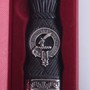 Close-up view of the Elliot Clan Crest Sgian Dubh showcasing its detailed thistle design and pewter plated metalwork.