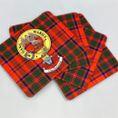 Drummond Clan Crest and Tartan Place Mats - Set of Four displayed elegantly on a dining table, showcasing Scottish heritage and vibrant gloss finish.