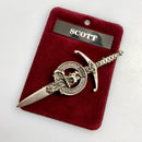 Clan Crest Pewter Kilt Pin with Scott Crest featuring an antique palladium finish, crafted in Scotland, perfect for showing your heritage and style.
