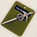 Clan Crest Pewter Kilt Pin with MacAlister Crest, featuring an antique palladium finish in a claymore style, perfect for showcasing Scottish heritage on your kilt or any outfit.