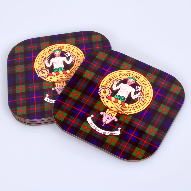 Murray of Atholl Clan Crest and Tartan Wooden Coaster 4 Pack