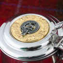 One pint pewter tankard featuring a stunning gold plated thistle design and customizable clan crest.