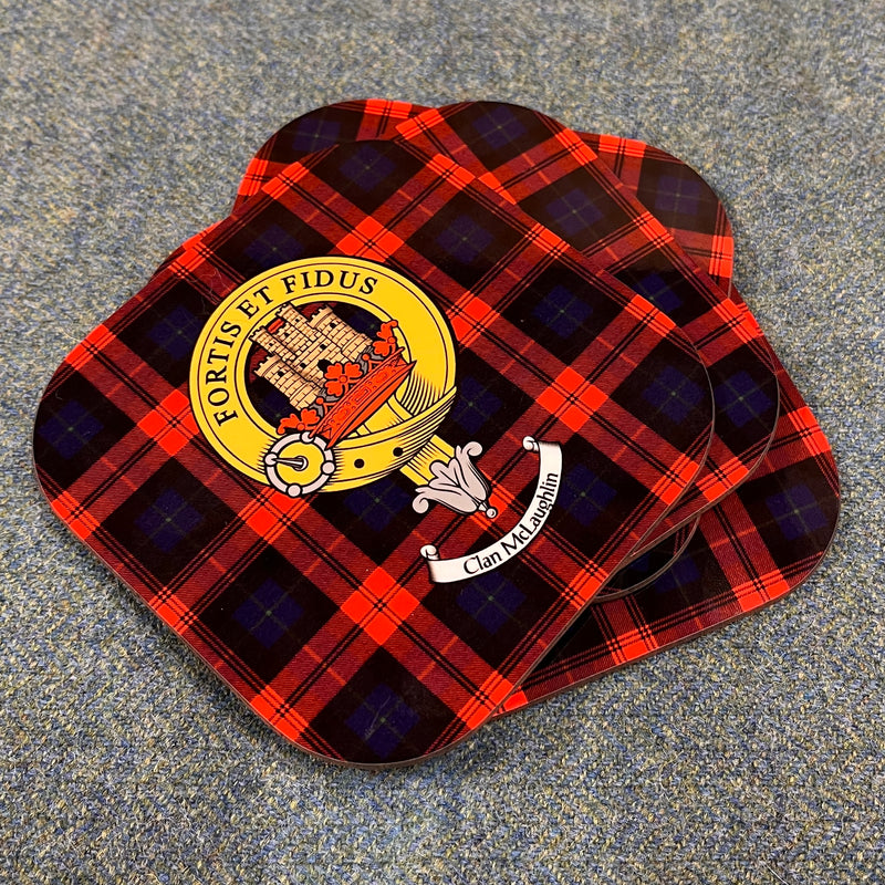 MacLachlan Clan Crest and Tartan Wooden Coaster 4 Pack