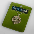 Sutherland Clan Crest Pendant showcasing Scottish heritage, crafted in high-quality pewter with a stunning palladium finish, ideal for clan pride.