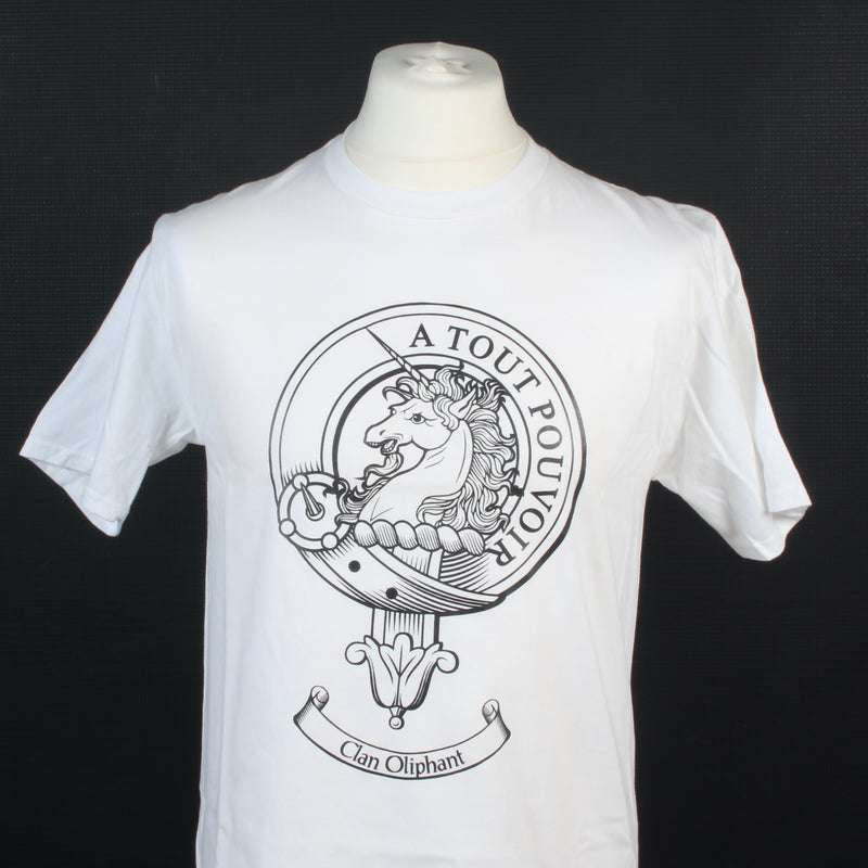 Oliphant Clan Crest White T Shirt - Size Medium to Clear
