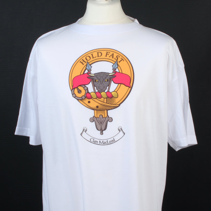 Macleod Clan Crest White T Shirt  - Size XL to Clear