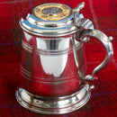 Pewter Tankard With Gold Trim featuring MacEwen Clan Crest, a high-quality one pint tankard with gold plated thistle design insert.
