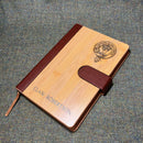 Inside view of the Clan Crest Luxury Bamboo Covered Notebook Boxed Set highlighting lined pages and credit card wallet.