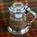 Pewter Tankard with Gold Trim and MacNicol Clan Crest showcasing a one pint design with a gold plated thistle insert, crafted for clan pride.