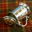 Close-up of the Pewter Tankard With Gold Trim and MacNicol Clan Crest, highlighting the exquisite craftsmanship and unique lid design.