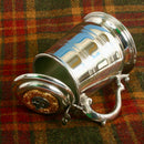 Pewter Tankard With Gold Trim featuring a gold plated thistle design insert, perfect for one pint serving with customizable clan crest.