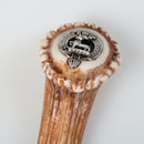 Detail of the stainless steel blade of the Scott Clan Crest Stag Horn Sgian Dubh, emphasizing its durability and sharpness for traditional Scottish attire.
