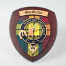 MacMillan Clan Crest Plaque showcasing a unique tartan design and hardwood shield, handmade in Glasgow, Scotland.