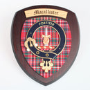 Handmade MacAllister Clan Crest Wall Plaque featuring a hardwood shield and tartan design, made in Glasgow, Scotland.