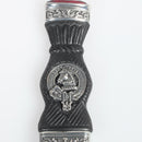 Close-up view of the Hepburn Clan Crest Sgian Dubh - Stone Top showcasing the high-quality pewter metalwork and traditional craftsmanship.