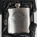 MacLaine 6oz Engraved Clan Crest Hip Flask showcasing a personalized crest, perfect for carrying your favorite whisky discreetly.
