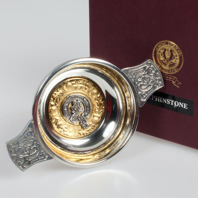 Elphinstone Clan Crest Quaich with Gold Trim