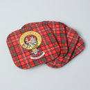 MacKinnon Clan Crest and Tartan Wooden Coaster 4 Pack showcasing stylish coasters adorned with traditional MacKinnon Tartan, perfect for protecting furniture and celebrating Scottish heritage.