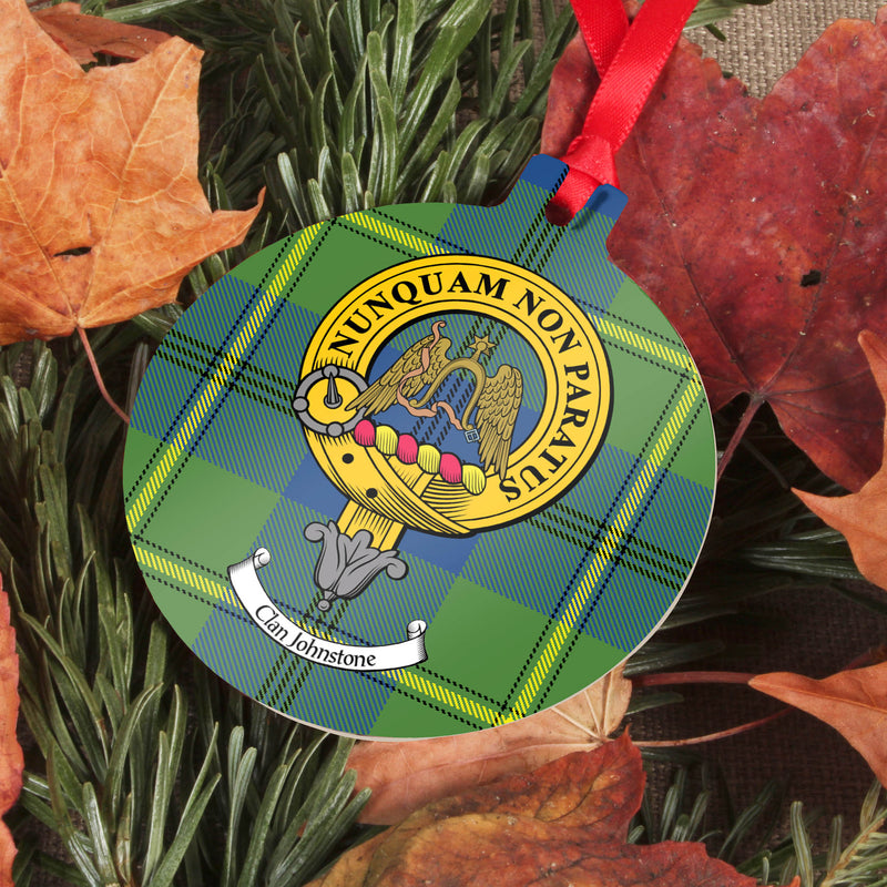 Johnstone Clan Crest and Tartan Metal Christmas Ornament - 6 Styles Available