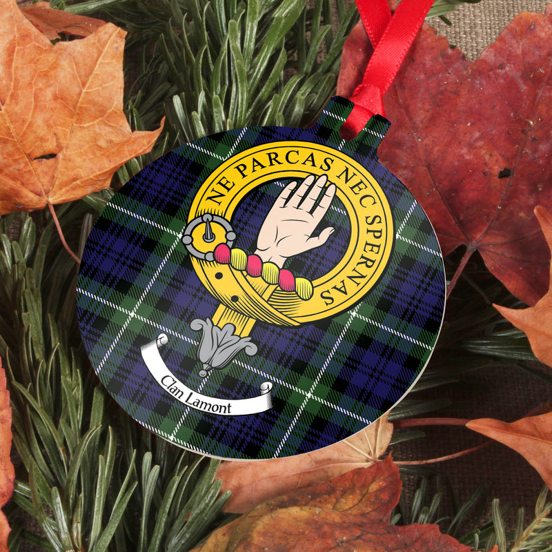 Lamont Clan Crest and Tartan Metal Christmas Ornament - 6 Styles Available