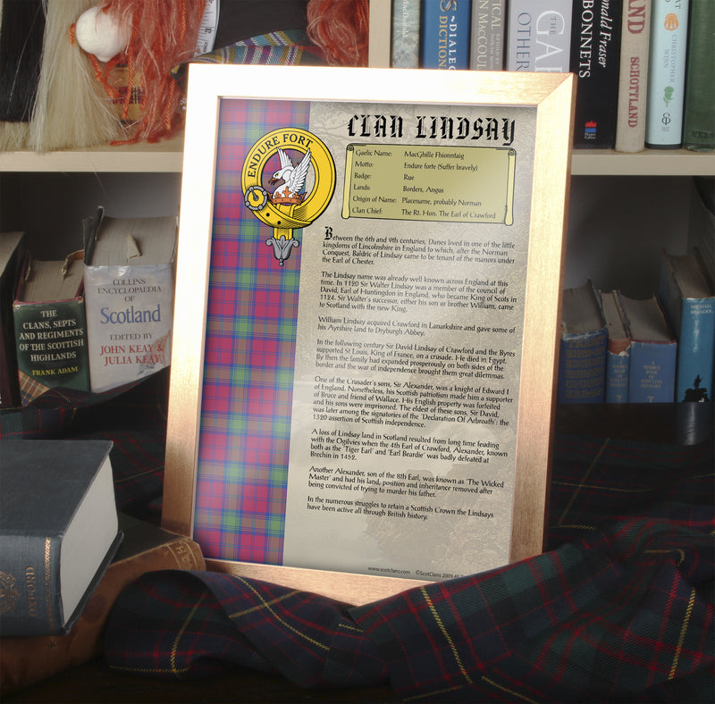 Lindsay Clan History Print - Choose Framed or Unframed.