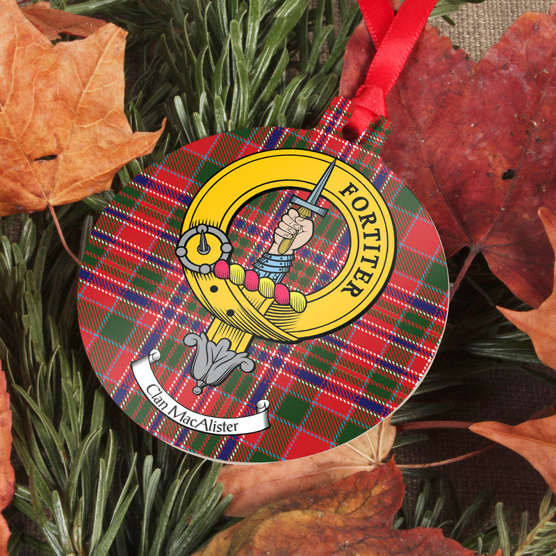 MacAlister Clan Crest and Tartan Metal Christmas Ornament - 6 Styles Available