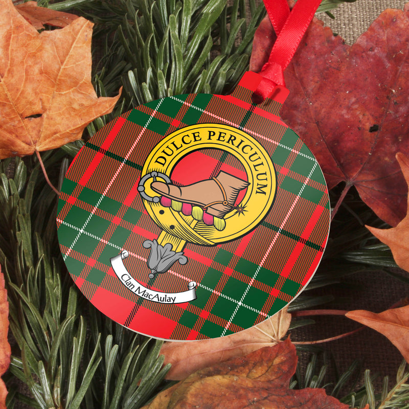 MacAulay Clan Crest and Tartan Metal Christmas Ornament - 6 Styles Available