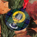 MacCallum Clan Crest and Tartan Metal Christmas Ornament showcasing vibrant colors and intricate design, perfect for holiday decorating.