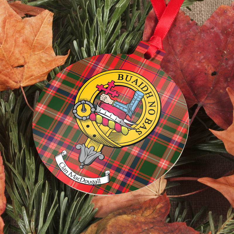 MacDougall Clan Crest and Tartan Metal Christmas Ornament - 6 Styles Available